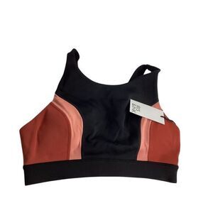 Iris & Ink Color Block Sports Bra Athletic Workout Top Black Coral Pink‎ Padded